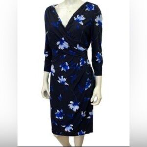 Lauren Ralph Lauren Faux Wrap Dress Women 16 W Floral 3/4 Sleeve Stretch V-Neck